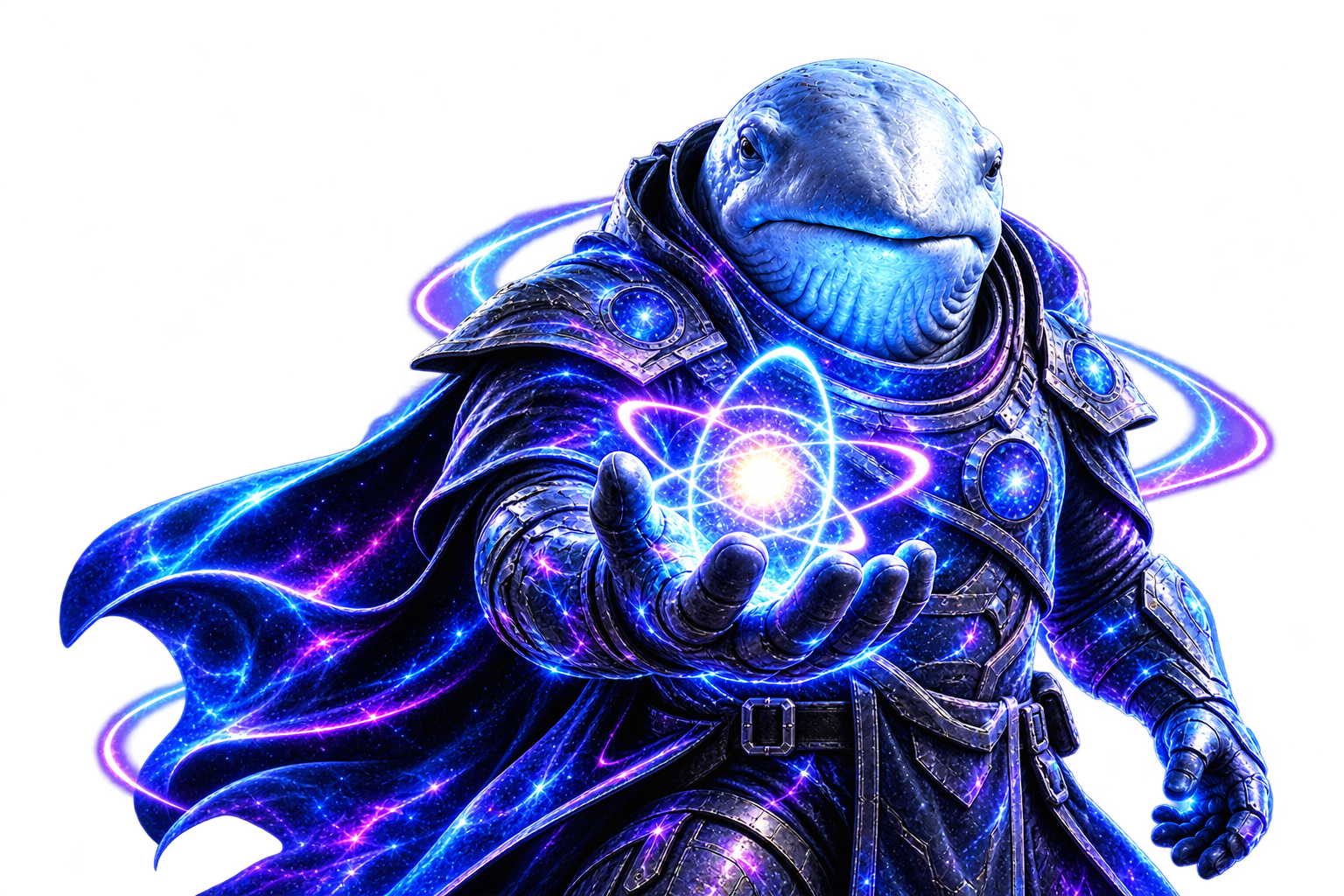 Quantum Whale mascot: an armored whale-headed warrior presenting a glowing quantum atom